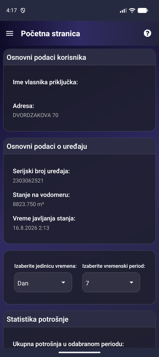VodoMonitor — početna stranica sa očitavanjem vodomera
