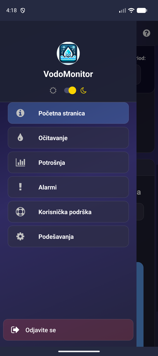 VodoMonitor — bočni meni aplikacije